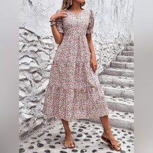 Floral Print Short Sleeve Midi Dress